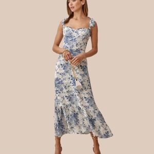 Reformation Pampadour Nikita Dress. Tie straps, (blue and white toile print), 6